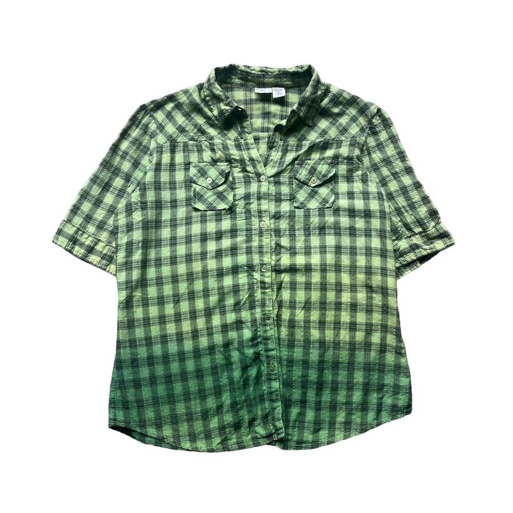 Vintage Women's Green Plaid Short Sleeve Button-Up Shirt Size XL